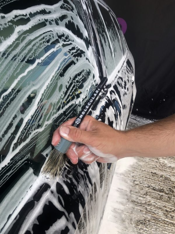 WHOLE HOG detailing brushes being utilised on black car paintwork